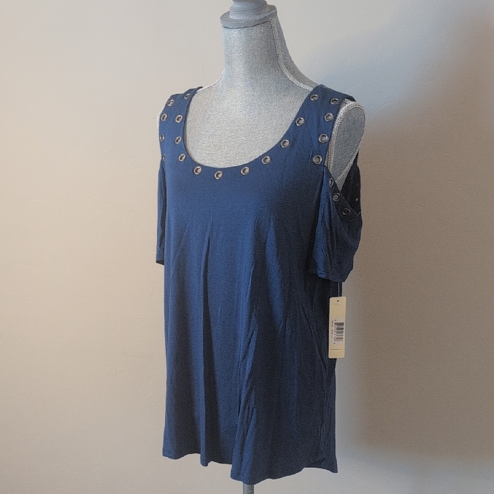 Blue Women's Top with Grommet Detail